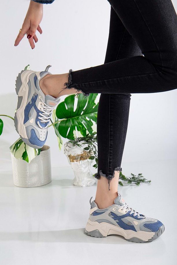 Kadın Yüksek Taban Sneaker Bağcıklı Spor Ayakkabı - Mavi-Gri - 3
