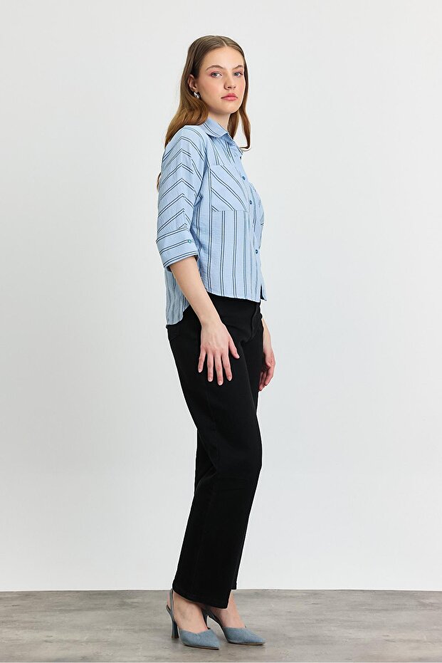 4272A Çizgili Cepli Gömlek Mavi - 7