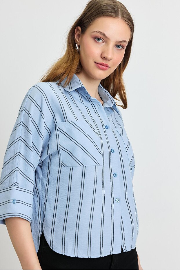 4272A Çizgili Cepli Gömlek Mavi - 6
