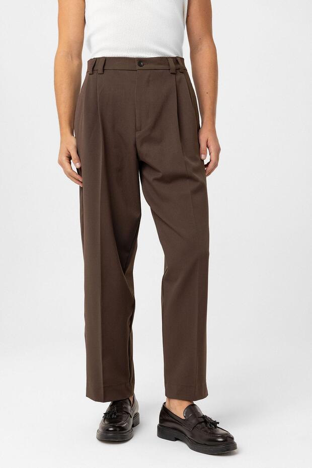 Coffee High Waist Relax Fit Pleated Men's Trousers