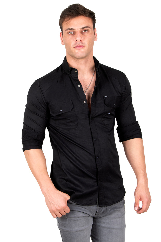 Men's Black Lycra Thin Ribbed Snap Fastener Double Pocket Shirt 2300421