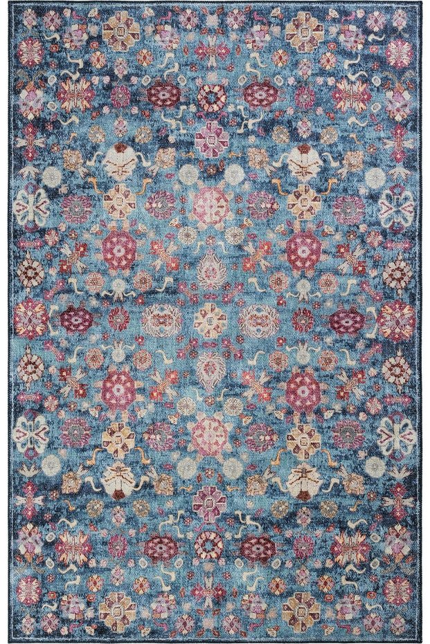 Private Blue Distressed Vintage Rug with Floral Print—Authentic Woven Chenille Living Room Rug (xxx)