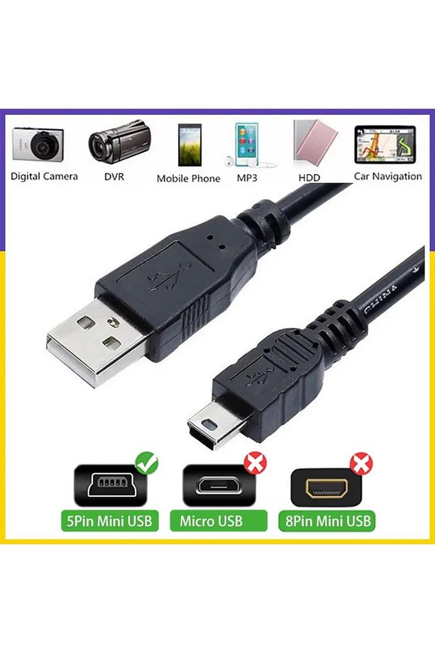 1.5 Metre 1.5m Ps3 Mini Piramit Uç 5pin Usb Data Şarj Kablosu Kamera Radyo Navigasyon Şarj Kablosu - 7