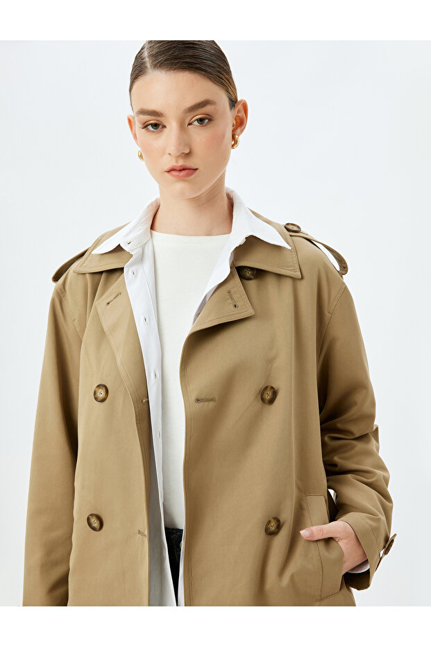 Double Breasted Oversize Short Trench Coat with Pockets, Buttons and Belt