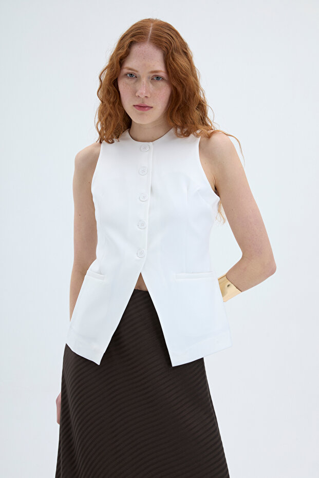 Buttoned V-Cut Sleeveless Vest Ecru