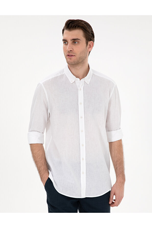 White Linen Blended Regular Fit Long Sleeve Shirt 50303388-Vr013