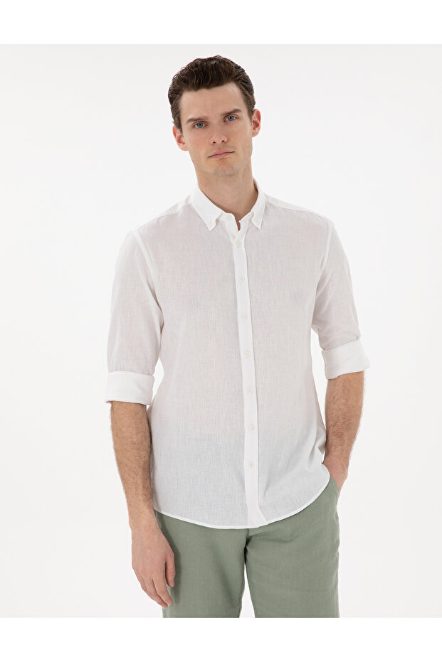 White Linen Blend Regular Fit Long Sleeve Shirt 50303245-Vr013