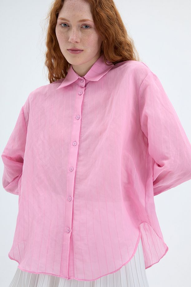 İnce Çizgili Düğmeli Oversize Gömlek Pembe - 3