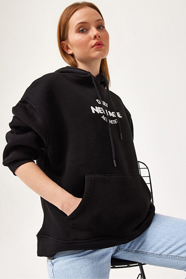 Oversize Hooded Kangaroo Pocket Sweatshirt Black