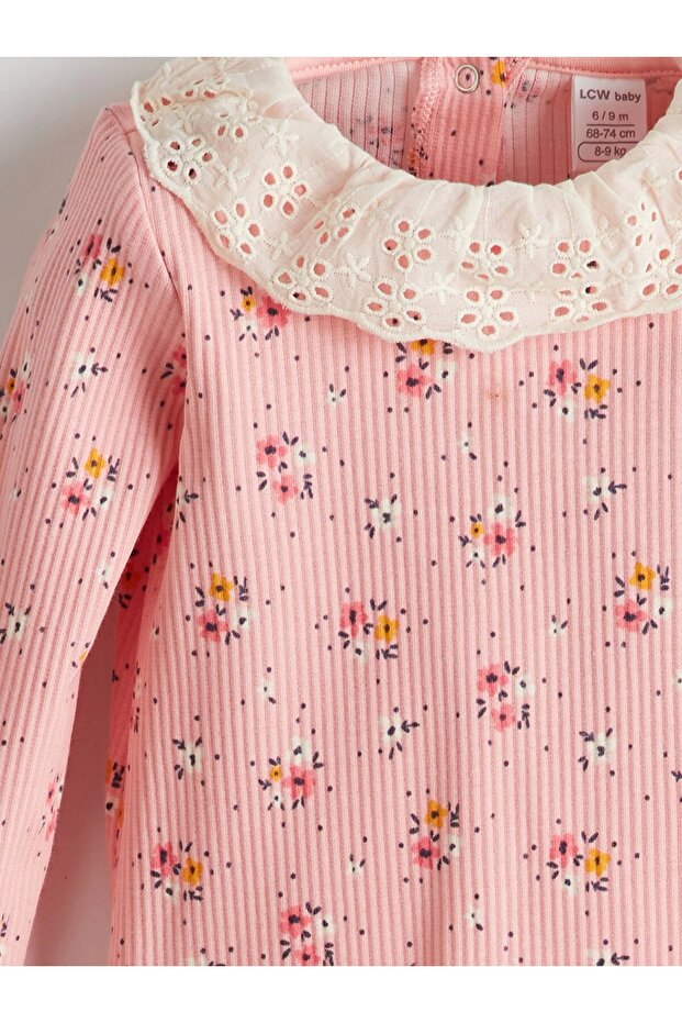 LCW baby Pembe Bisiklet Yaka Çiçekli Kız Bebek Bluz ve Tayt 2'li - 6