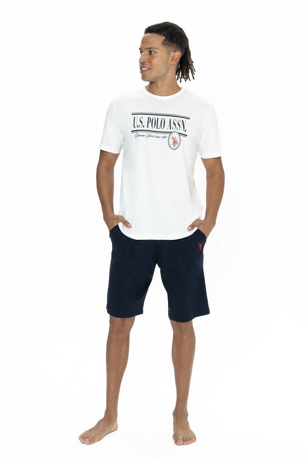 U.S. Polo Assn. 18874 Men's Short Sleeve Crew Neck Shorts Pajama Set-Ecru