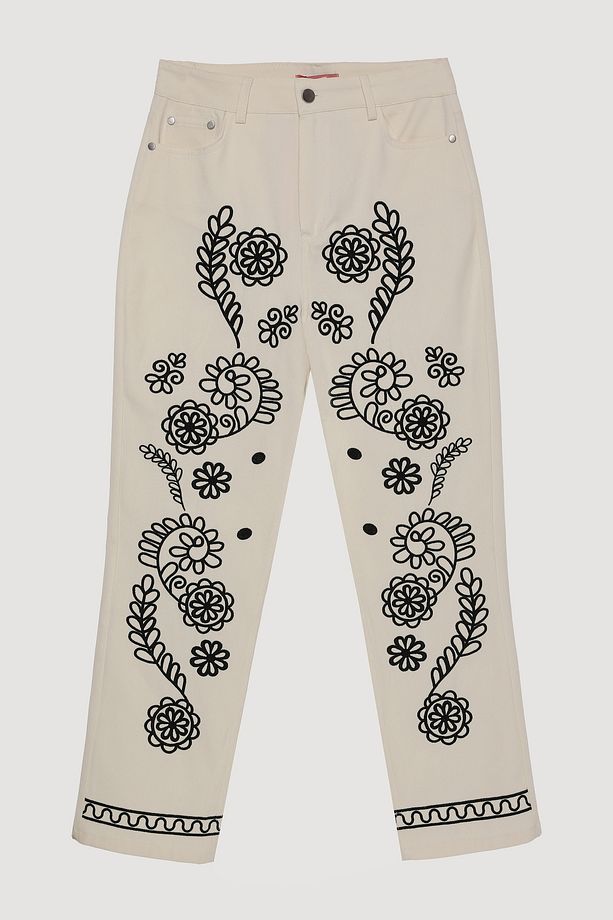 Nakış İşlemeli Yüksek Bel Pantolon Ekru - 2