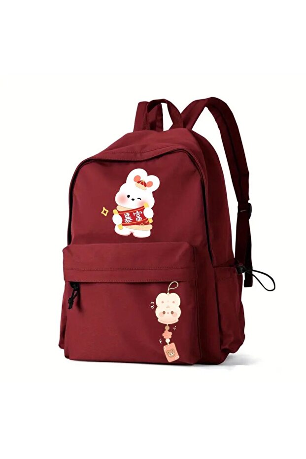 Chance Miffy Keychain Printed Burgundy Color Double Printed School, Dershane Backpack- Mingalondon