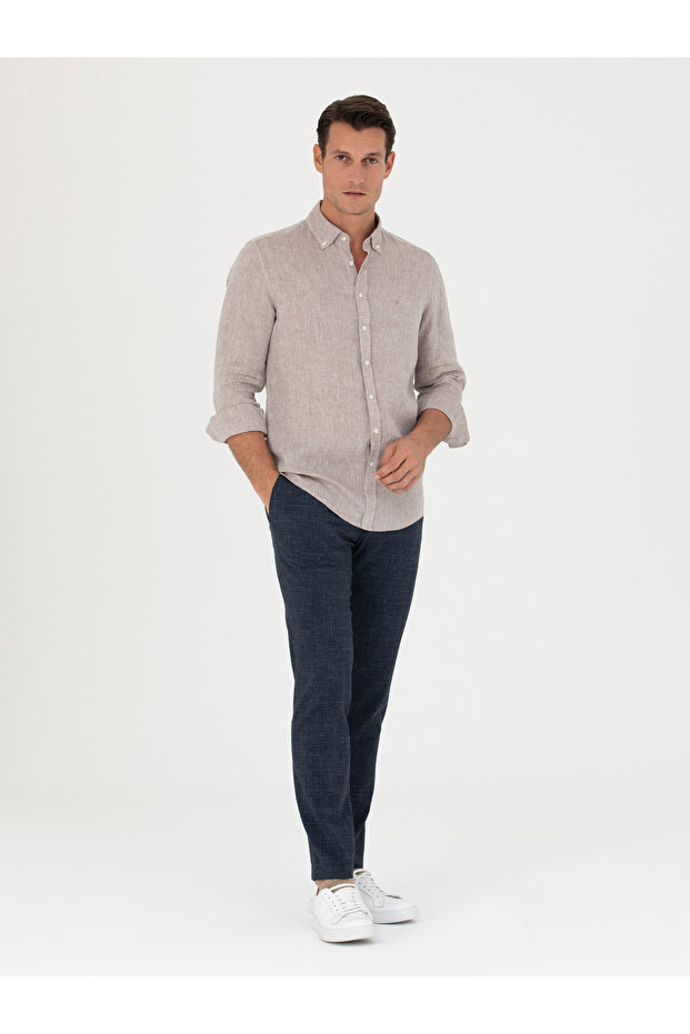 Navy Blue Slim Fit Linen Blended Trousers 50265205-Vr033