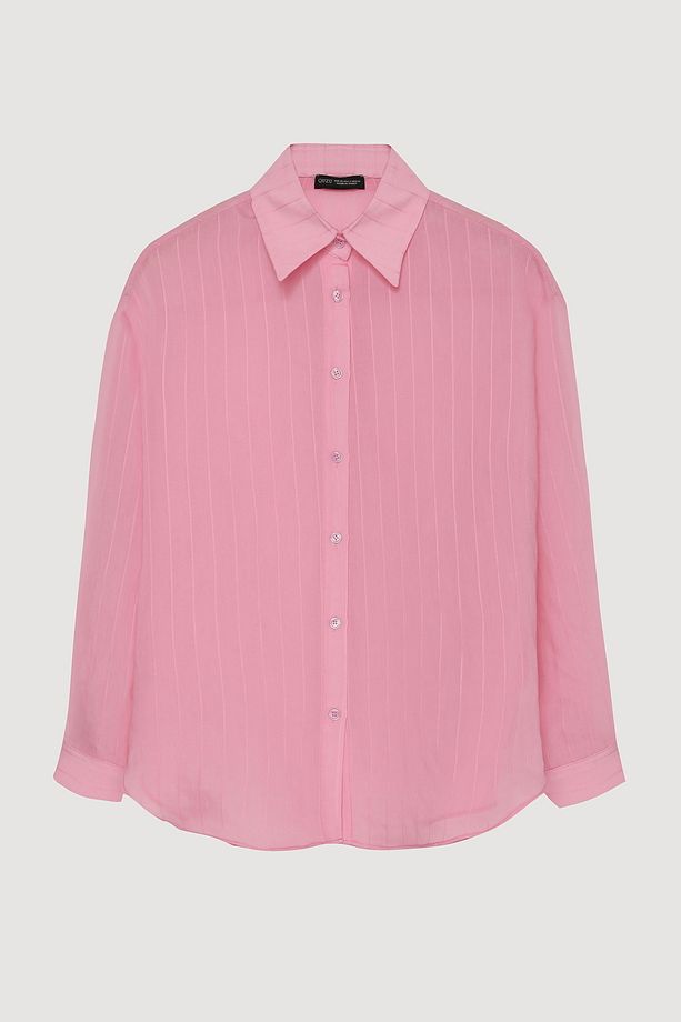 İnce Çizgili Düğmeli Oversize Gömlek Pembe - 2
