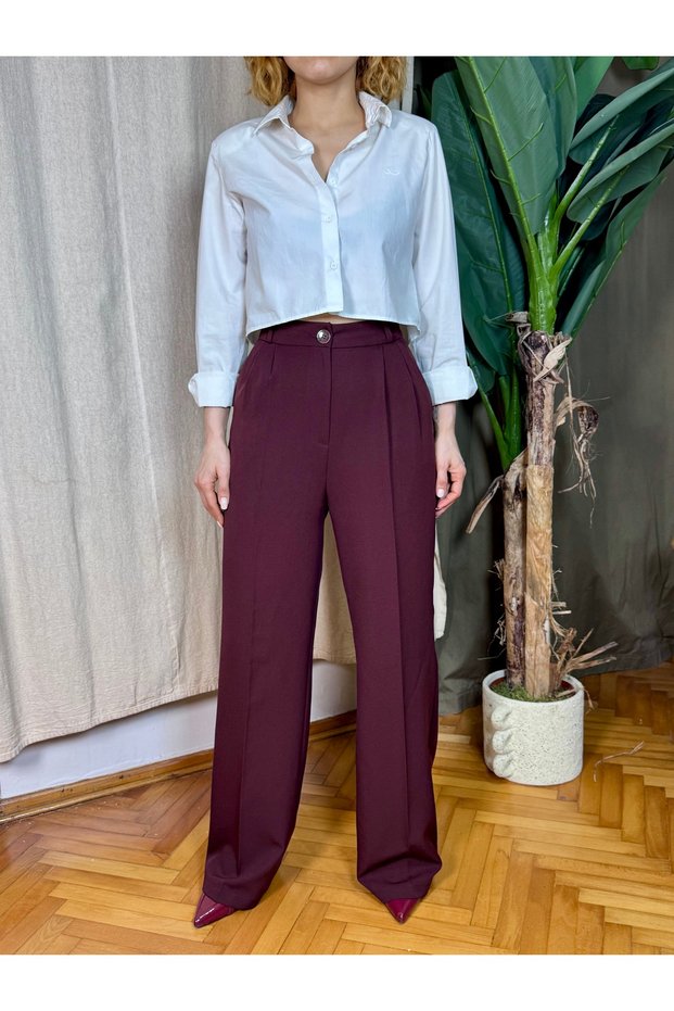 High Waist Palazzo Fabric Trousers with Pleated Waist Detail