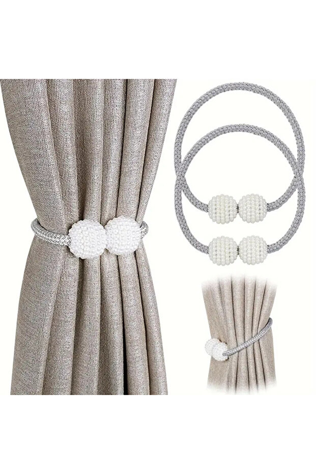 Grey 2pcs Pearl Magnetic Curtain Clips, Curtain Fixer, Adjustable Locking Ties, Magnetic No Punch, C