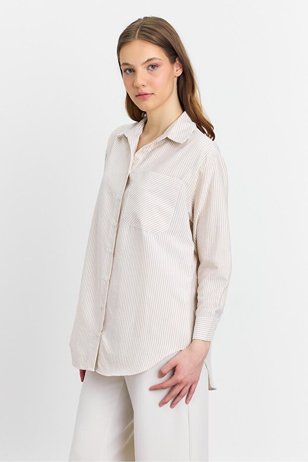 Cămașă - Model Bej și Dungă - 1