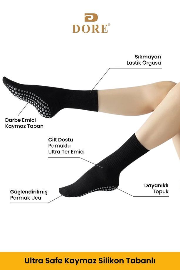 Orijinal Unisex 2 Çift Kaydırmaz Hac Umre Tavaf İçin Soket Model Kaymaz Taban Siyah Çorap - 2