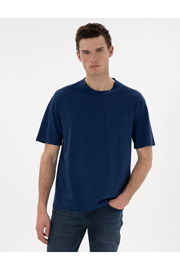 Light Navy Blue Comfort Fit 100% Cotton Crew Neck Basic T-Shirt 50306991-Vr059