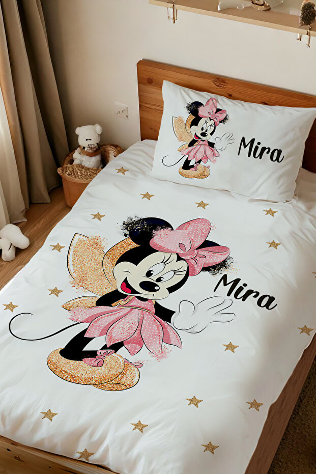 İsme Özel Baskılı %100 Pamuk Tek Kişilik Nevresim Takımı Minnie - 1