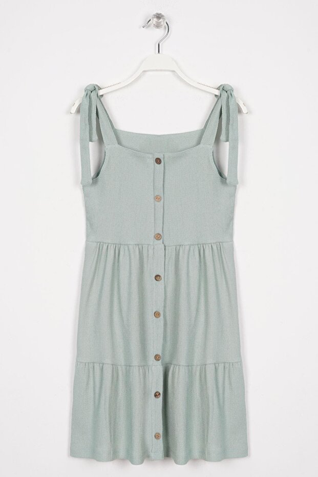 Strappy Front Buttoned Green Color Girl's Dress