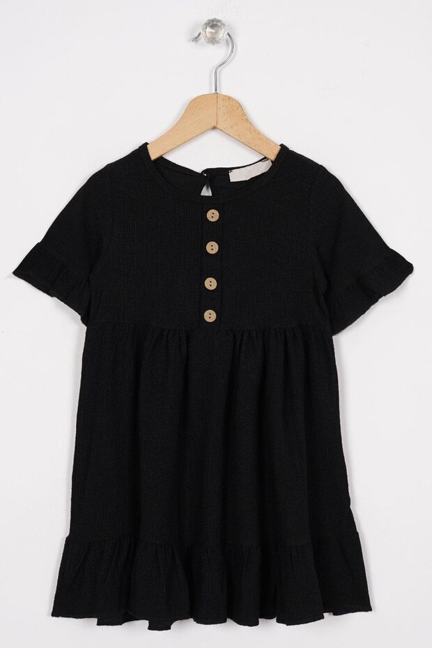 Crew Neck Short Sleeve Ruffled Buttoned Black Color Girl's Dress