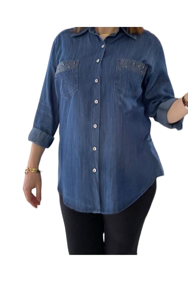 PLUS SIZE SLIM JEANS JEANS FABRIC SHIRT COLLAR FOLDABLE SLEEVE POCKETS STONE DETAIL DENIM SHIRT