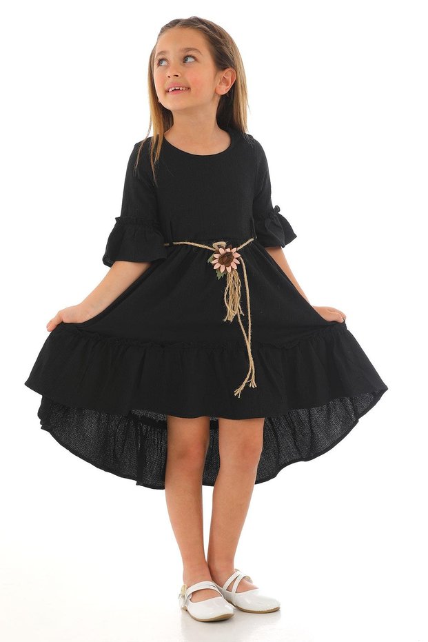 Crew Neck Watermelon Sleeve Waist Straw Belted Black Color Girl's Dress