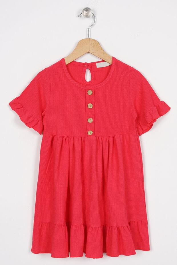 Crew Neck Short Sleeve Ruffled Buttoned Fuchsia Color Girl's Dress
