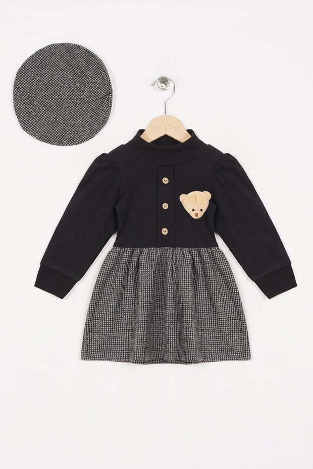 Half Turtleneck Long Sleeve Skirt with Pitched Button Detail Teddy Bear and Hat Gray Color Girl's Dress