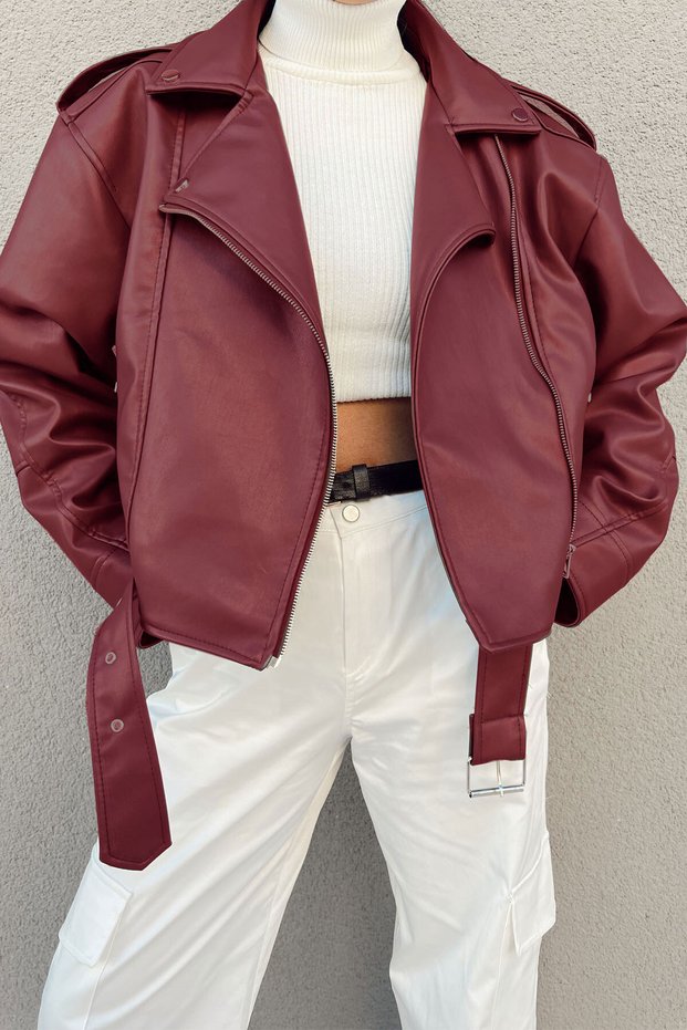 New Season Claret Red Color Faux Leather Oversize Belted Biker Jacket