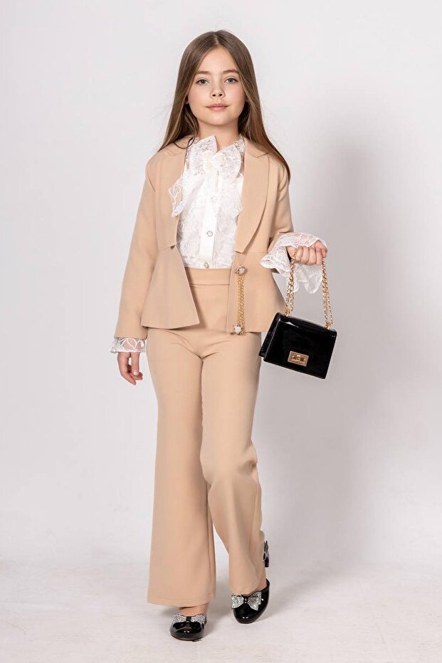 Girls' Lace Embroidered Spanish Sleeve Blouse Chain Button Detailed Blazer Jacket Cream Bottom-Top Set