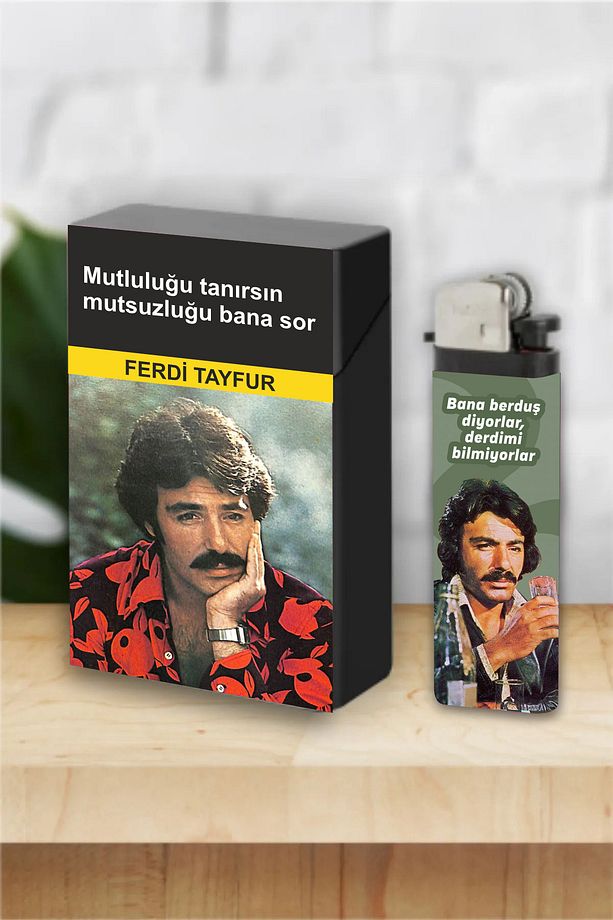 2'li Ferdi Tayfur Replik Kaplamalı Sigara Kutusu ve Çakmak Seti - 1