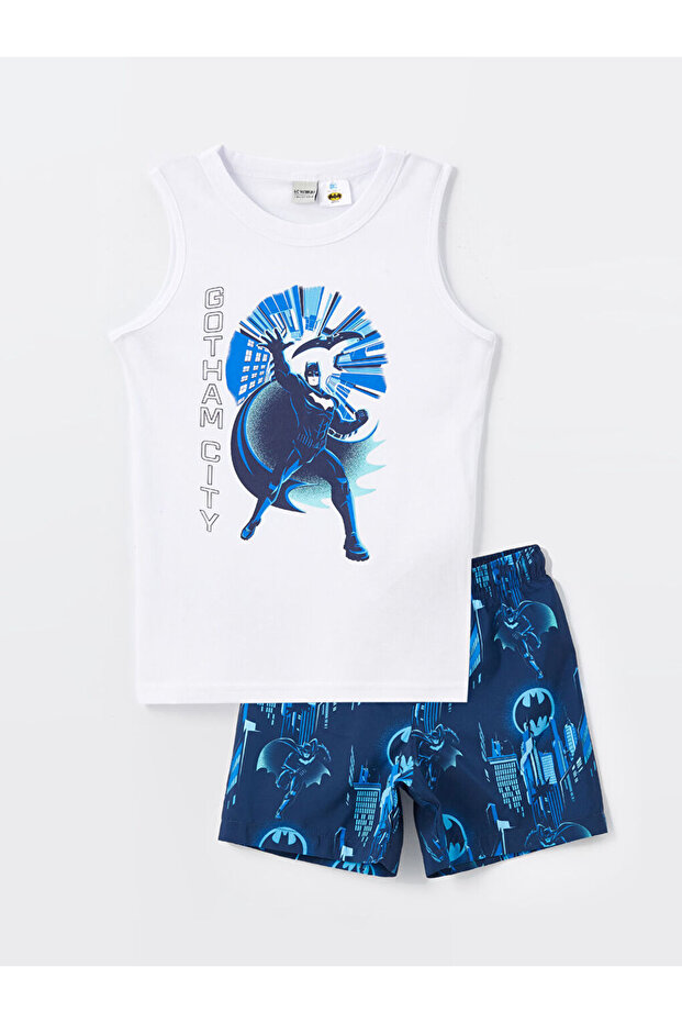 Navy Blue Crew Neck Printed Boys' Tank Top and Swim Shorts