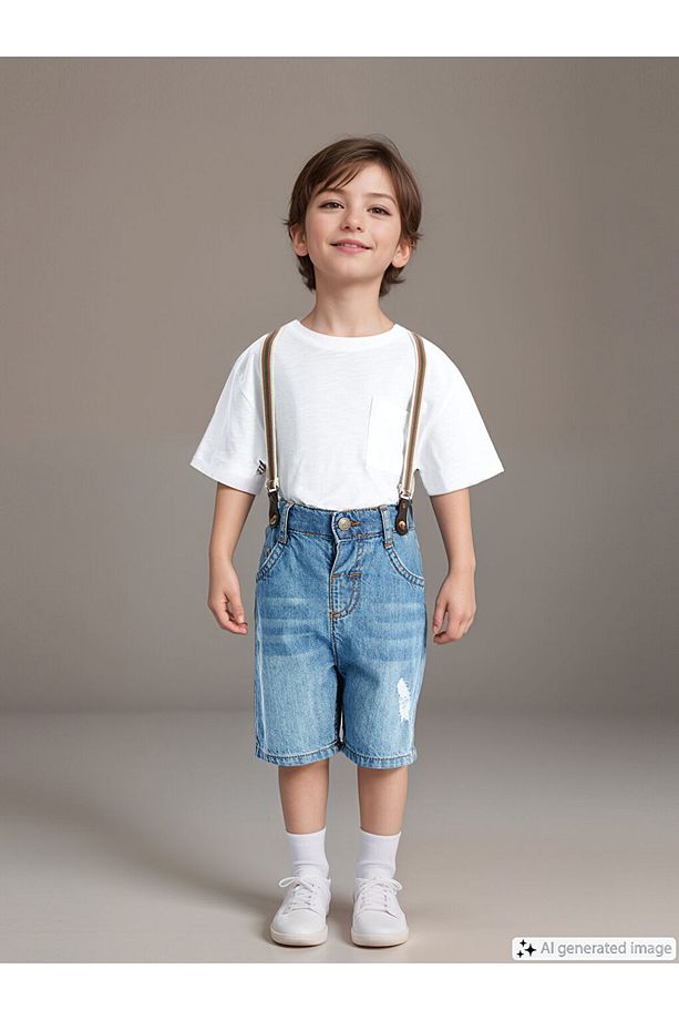 Beli Lastikli Basic Askılı Erkek Bebek Jean Şort - 1
