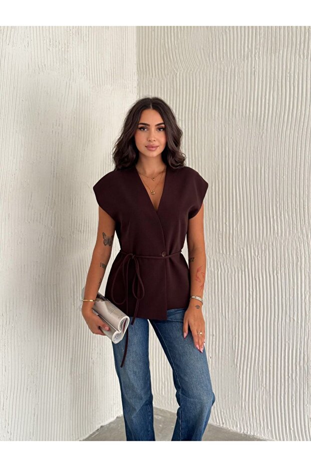 Women's Bitter Brown Lined Vest with Buttoned Front and Lacing Detail