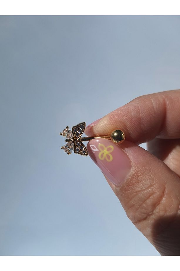Kelebek  Zirkon Taşlı Sade  Çelik Göbek Piercing - 6
