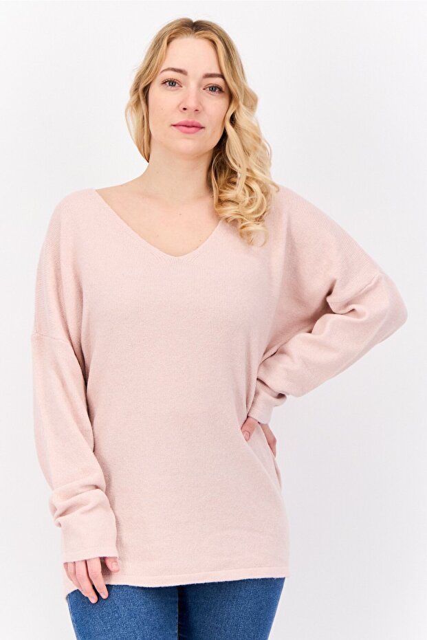 Women V Neck Knitted Sweater, Pink
