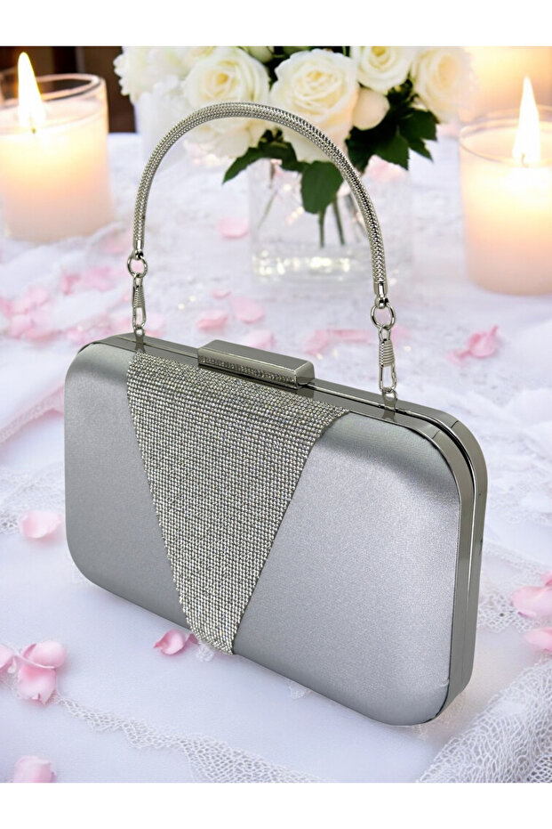 Silver Gray Color Satin Silver Stone Evening Dress Bag Evening Bag