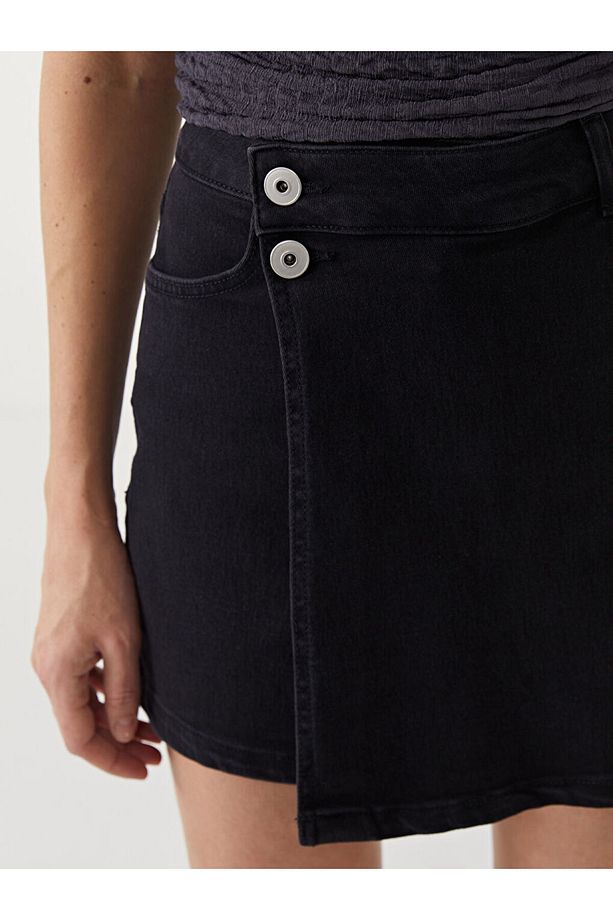 Kadın Dar Fit Düz Jean Şort Etek - 3