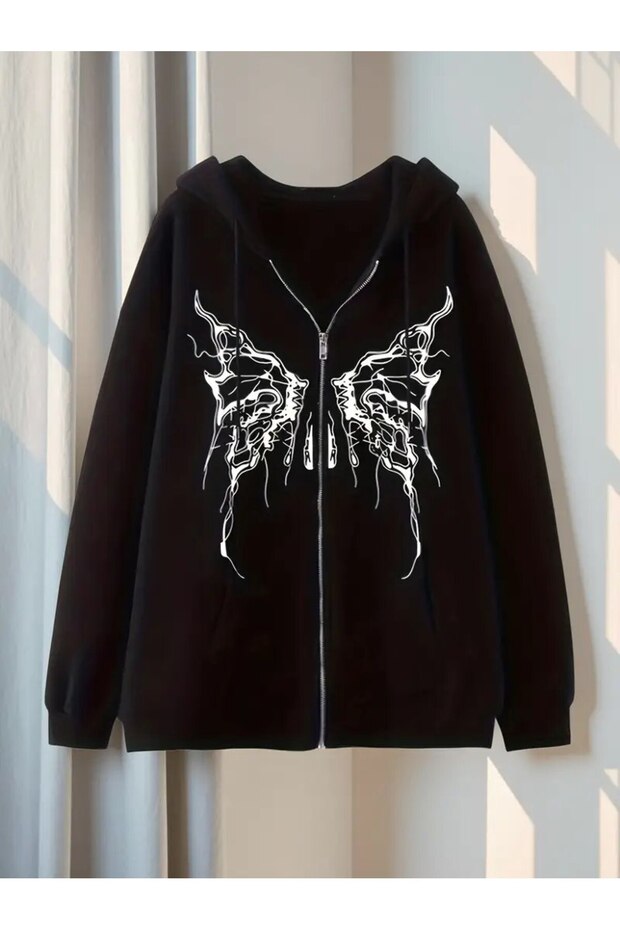 Grunge Butterfly Print Kangaroo Pocket Hooded, Casual Long Sleeve Drawstring Hoodies Sweatshirt