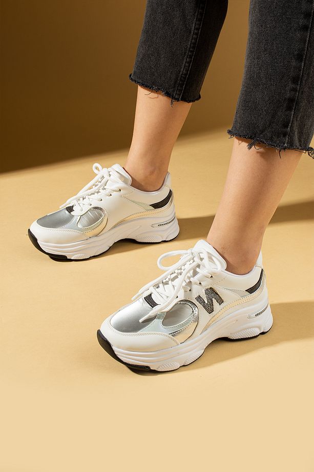 Yeni Sezon Beyaz Kadın Spor Sneaker Bağcıklı Günlük Rahat Taban Ayakkabı - 1