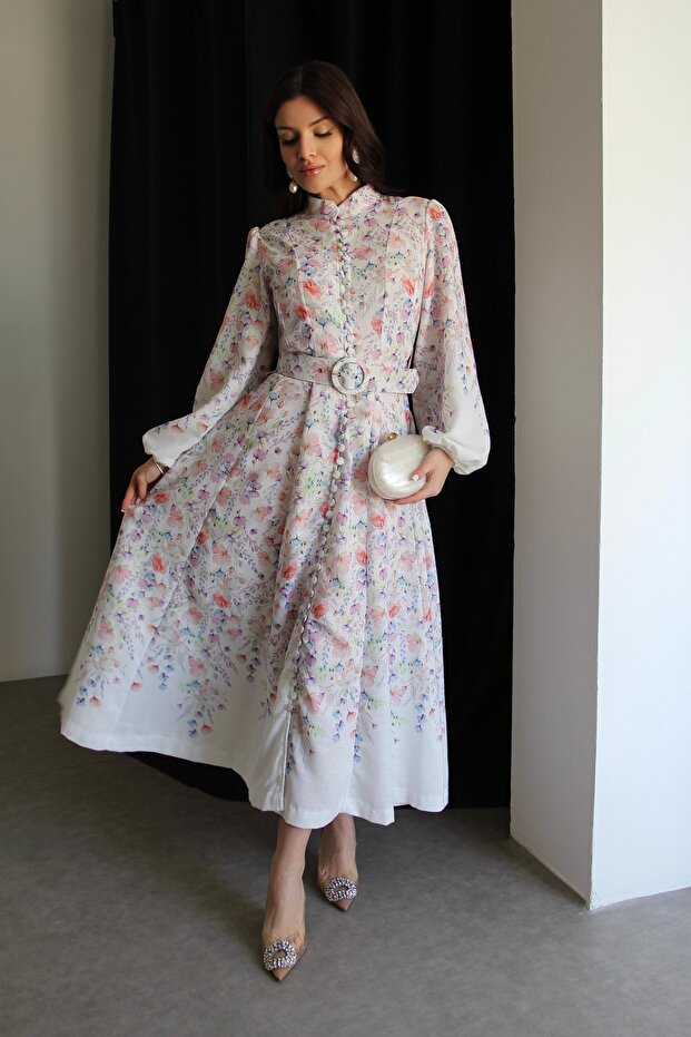 White Full-Length Button-Down Mock Neck Patterned Belted Midi Length Premium Design Linen Dress