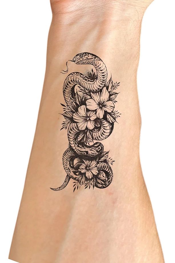 Gerçek Dövme Görünümlü Yılan Ve Lotus Modelli 3 Boyutlu Tattoo, Geçici Dövme - 3