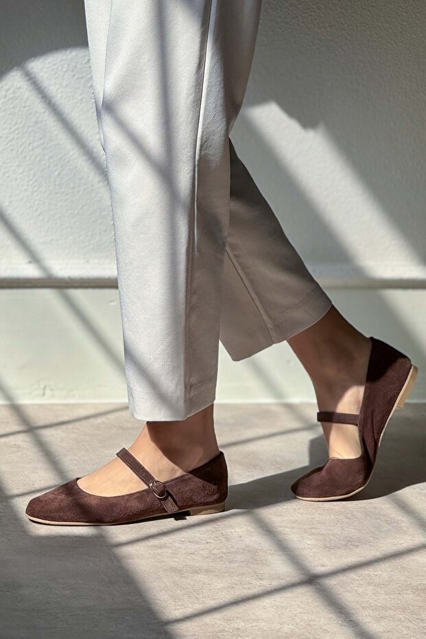 Damskie baleriny Desire Brown Genuine Suede Buckle Flat Sole - 2