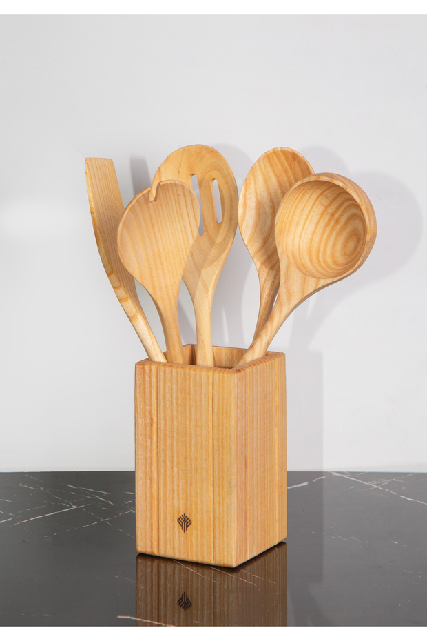 Handmade Antique Sycamore Wood 6 Piece Wooden Spoon & Spatula Kitchen Set with Stand