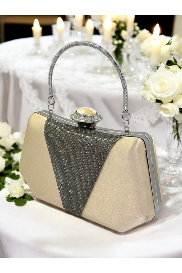 Nude Color Satin Platinum Stone Evening Dress Bag Evening Bag Engagement Wedding Bag