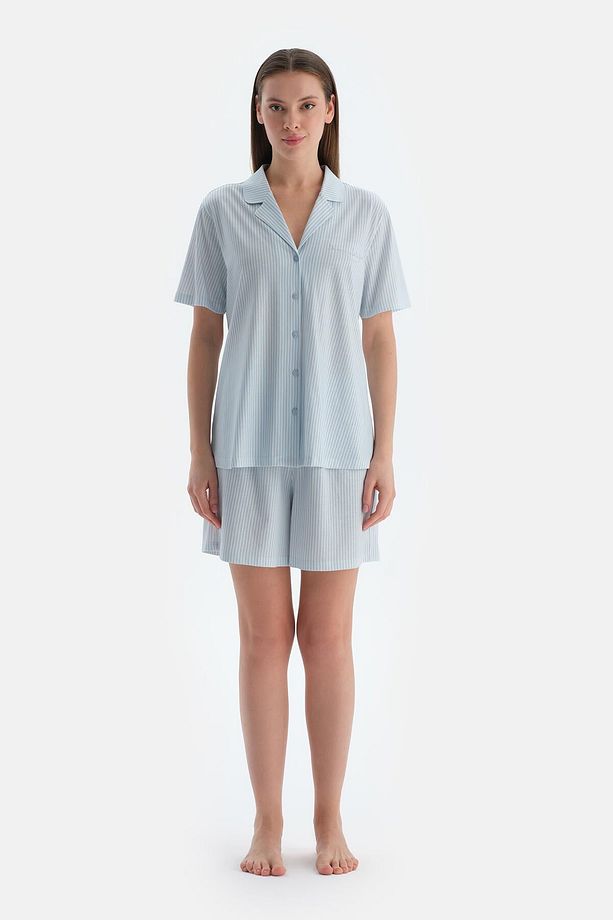 Açık Mavi Çizgili Kısa Kollu Gömlek Şort Pijama Takımı - 4