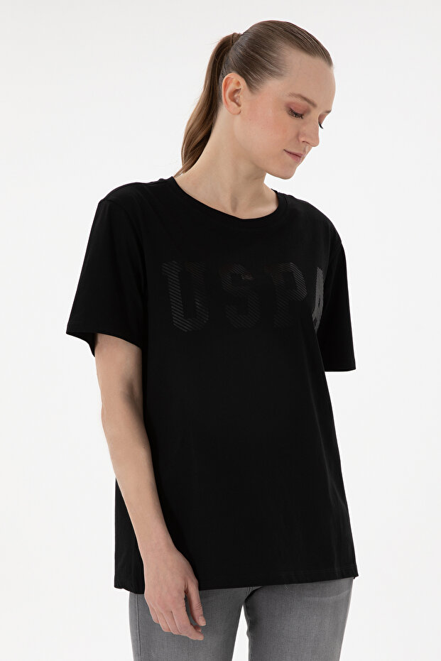 Women's Black Crew Neck Basic T-Shirt 50300850-Vr046